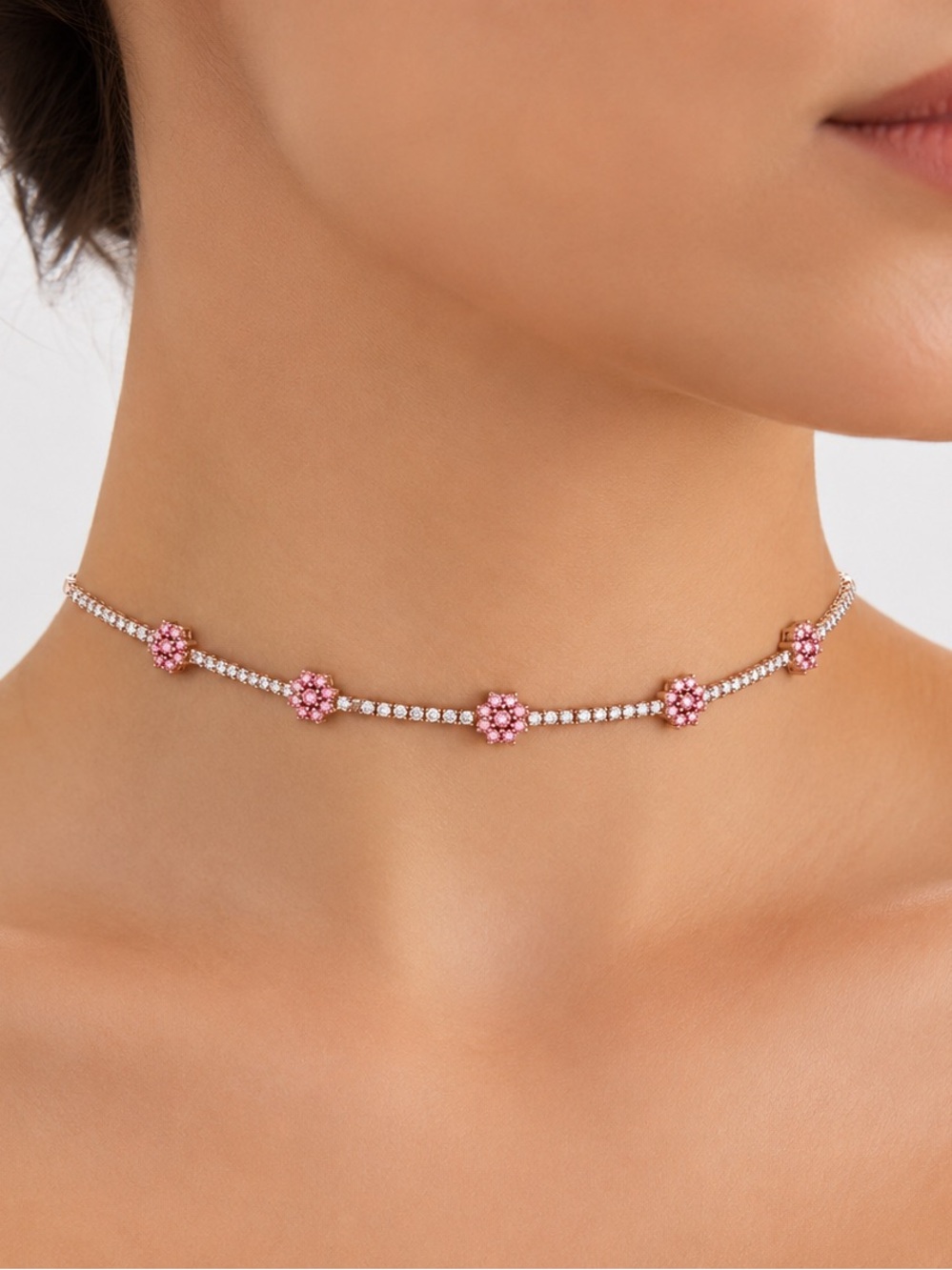 Zara Gold choker Necklace with Pink Floral Accents